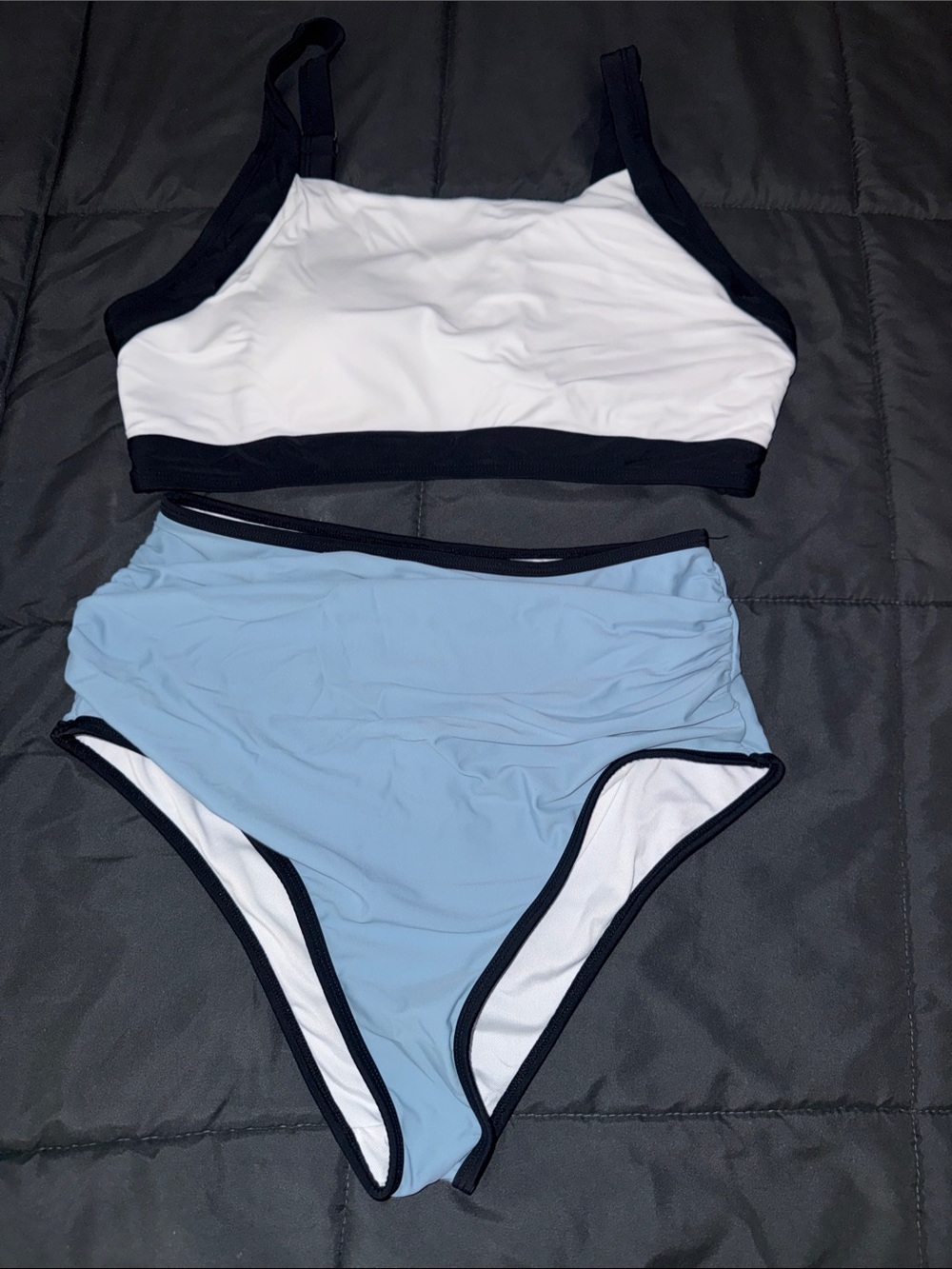 White and Light Blue High-Waist Two-Piece Swim Set - Unbranded